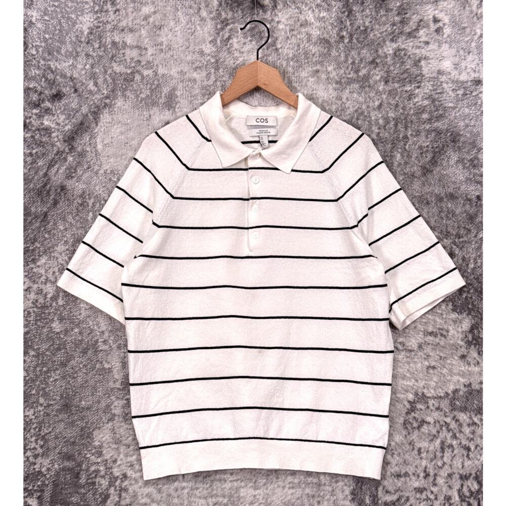 COS Sweater Polo Shirt Medium Mens Relaxed Fit Textured Cotton Knit Stripe